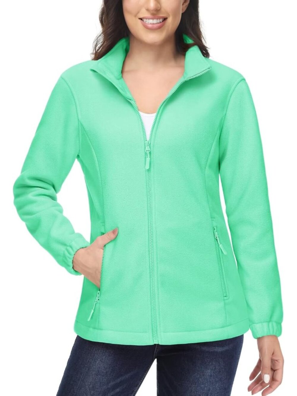 Women Mint Green Soft Warm Polar Fleece Full-Zip Up Pocket Winter Utility Jacket
